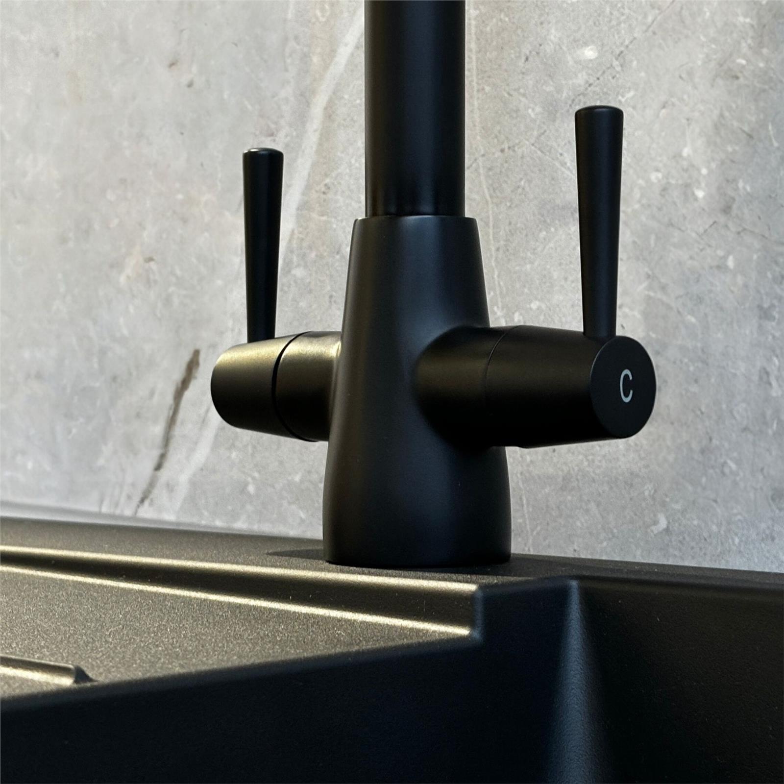 Liquida LU408MB Swivel Spout Swan Neck Twin Lever Black Kitchen Mixer Tap